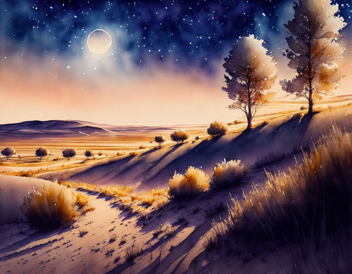 Nighttime Desert Landscape with Starry Sky and Full Moon