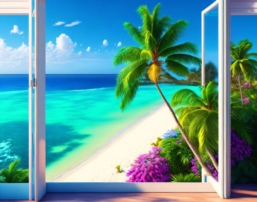 White doors open to vibrant tropical beach with palm tree, blue sky, turquoise sea, and purple flowers