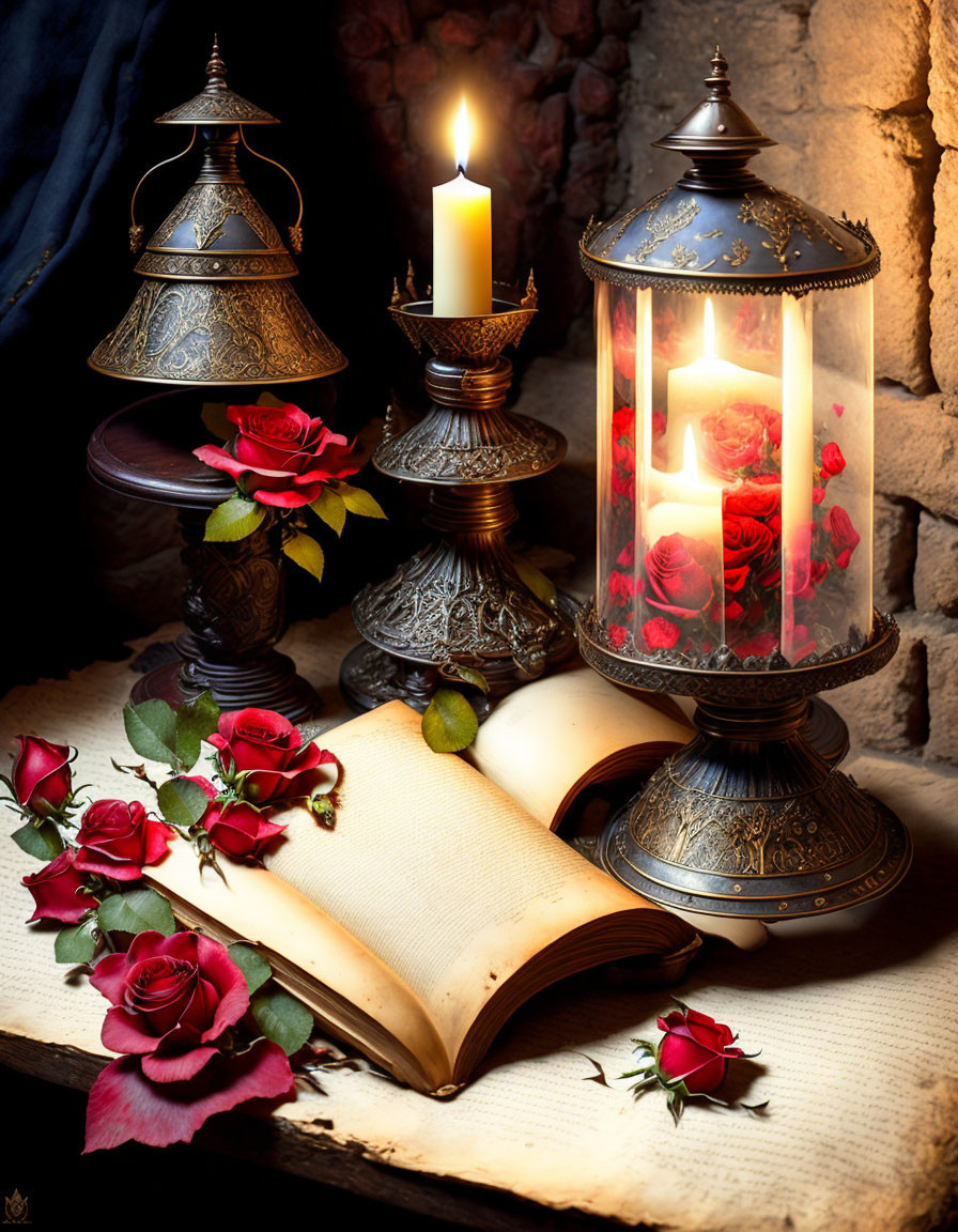 Open book with red roses, lit candles, lanterns on rustic stone surface