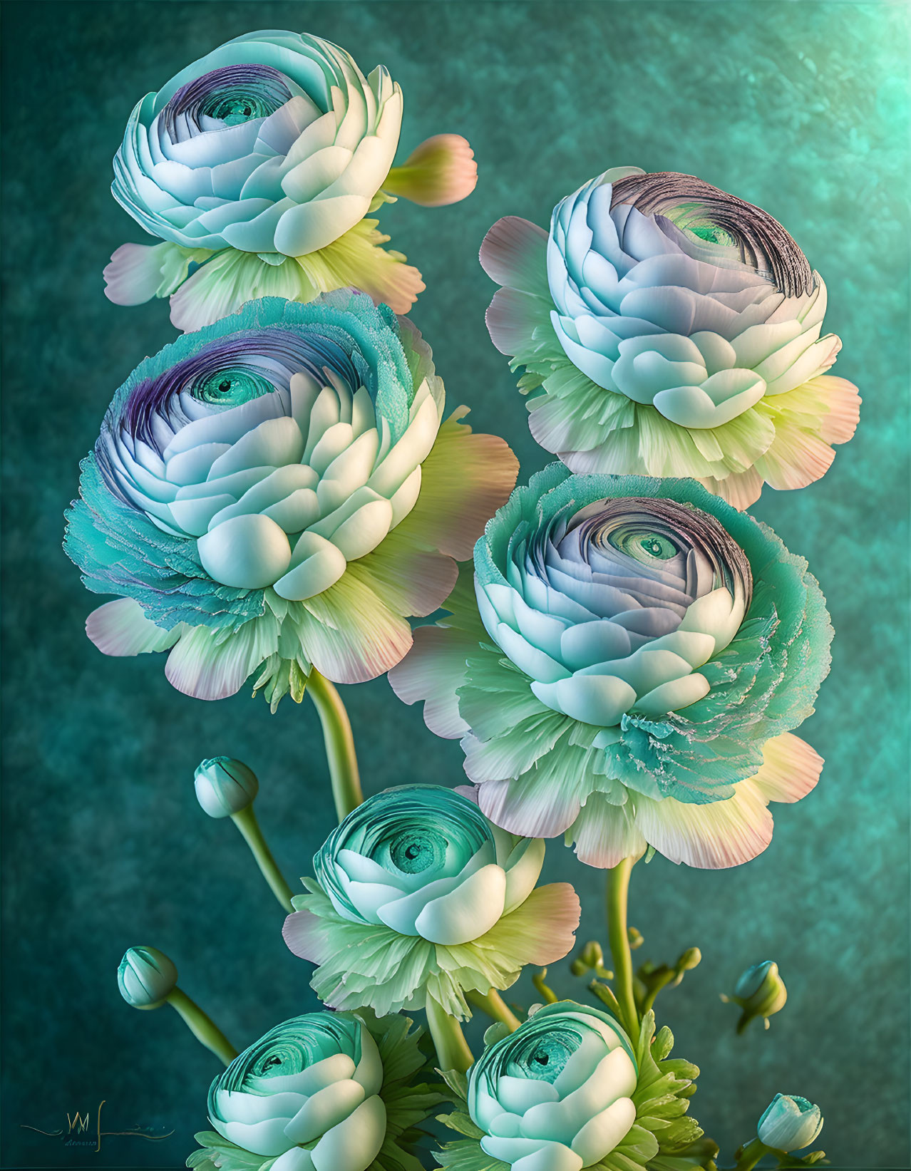 Colorful Stylized Flower Cluster on Textured Turquoise Background