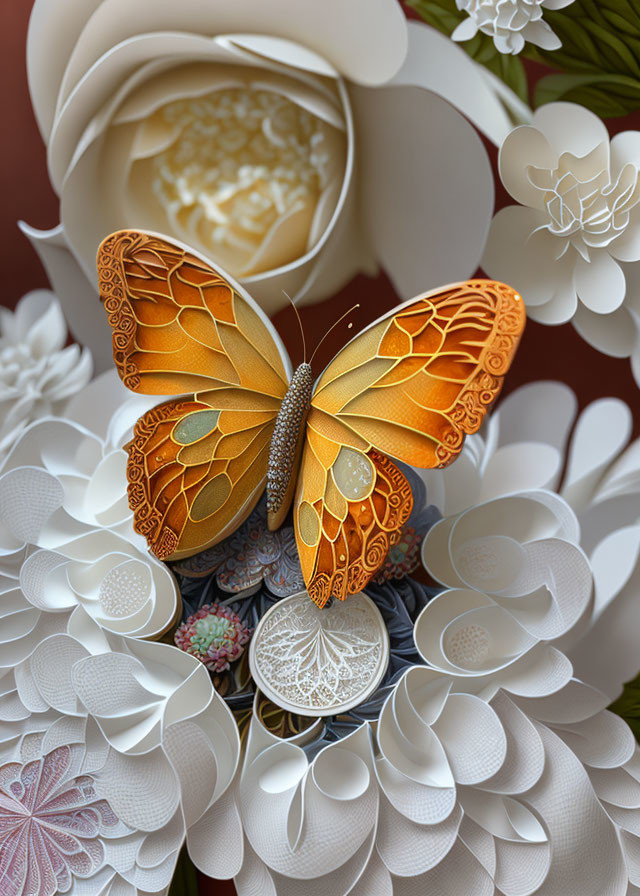 Colorful Paper Butterfly on White Flowers with Warm Background