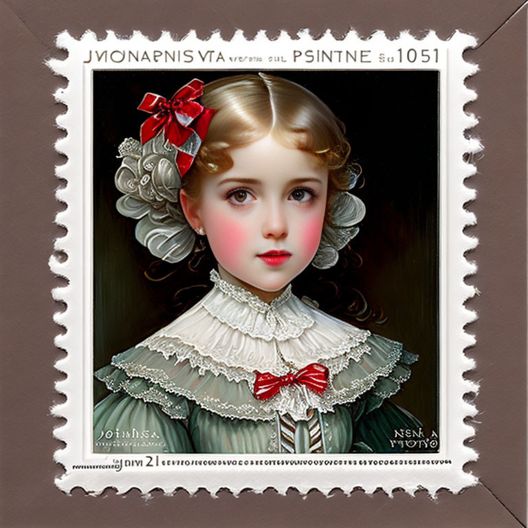 Realistic vintage-style stamp of young girl with rosy cheeks and curly hair