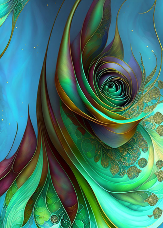 Colorful Abstract Fractal Art in Green, Blue, and Gold