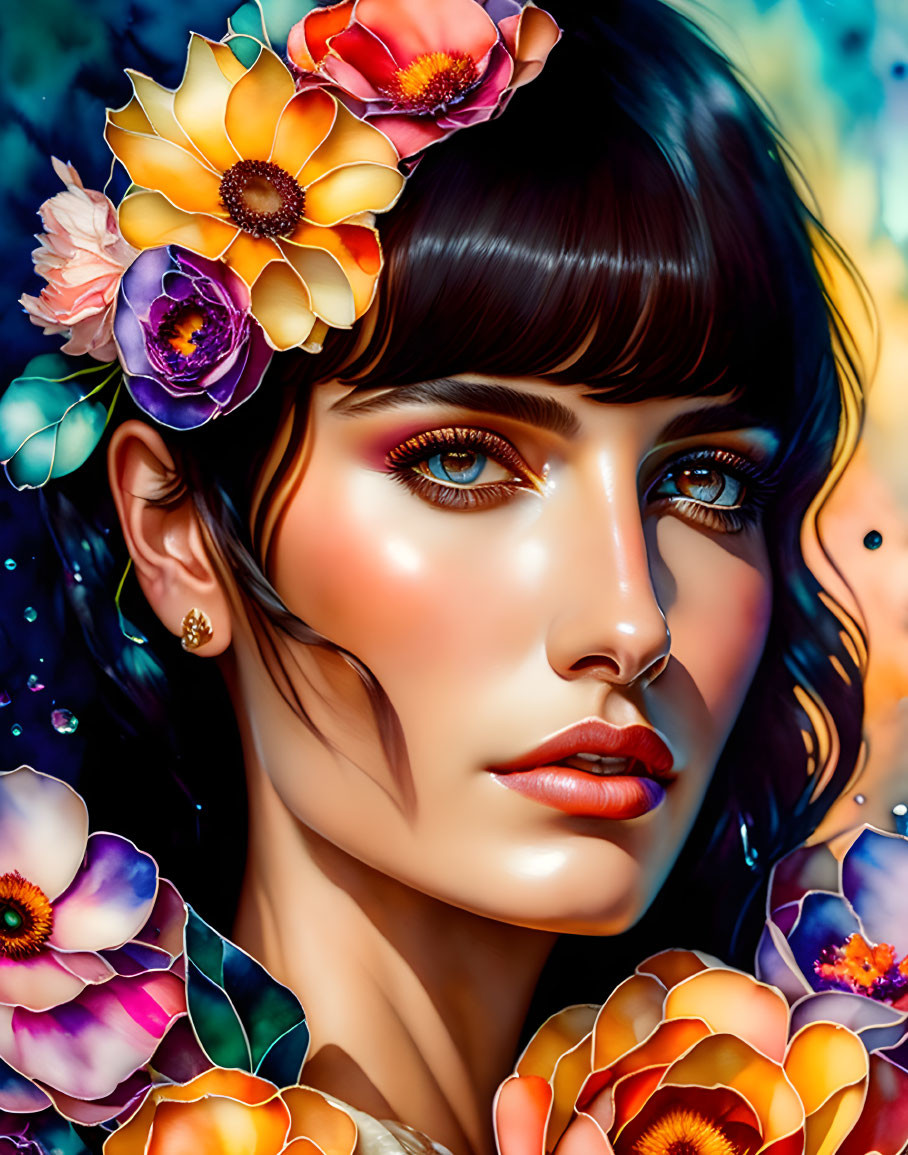 Vibrant floral portrait of a woman with sharp features