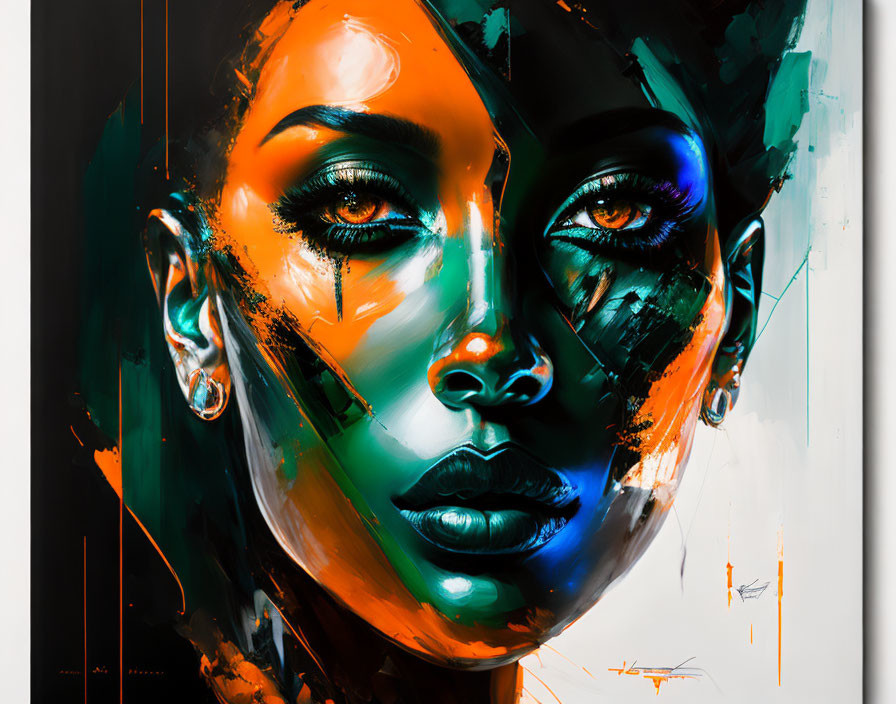 Colorful Abstract Portrait of Woman's Face in Orange, Green, and Black