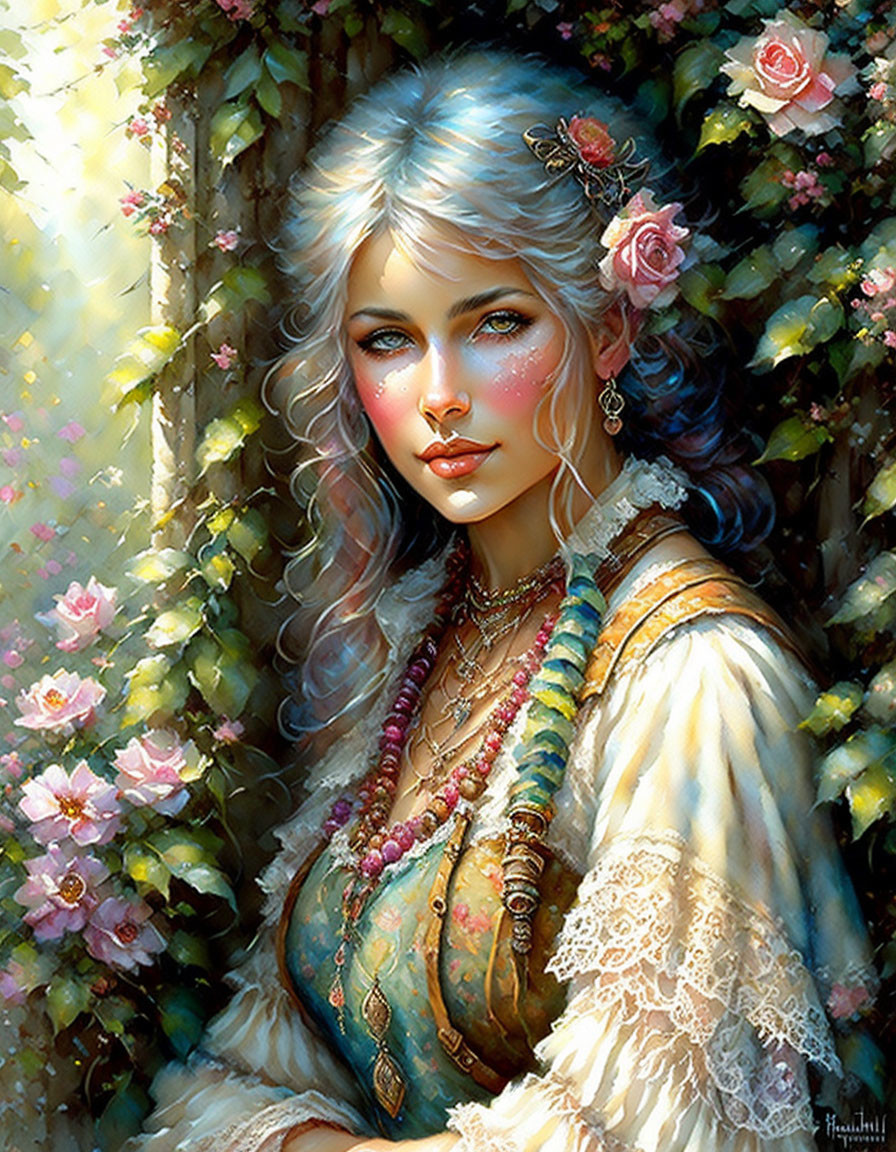 Portrait of ethereal woman with silver hair and flowers in vintage clothing.