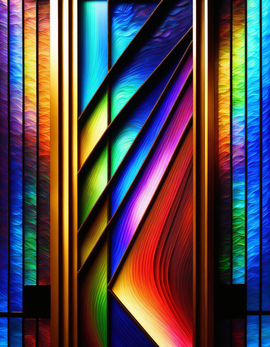 Colorful abstract stained glass window with angular shapes and vibrant spectrum.