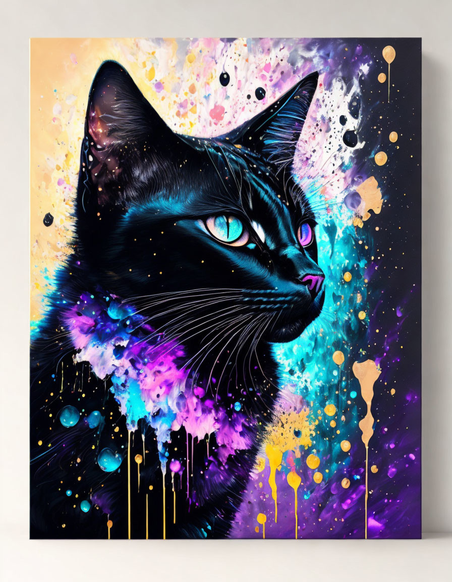 Colorful cosmic black cat painting on abstract purple, blue, and gold background