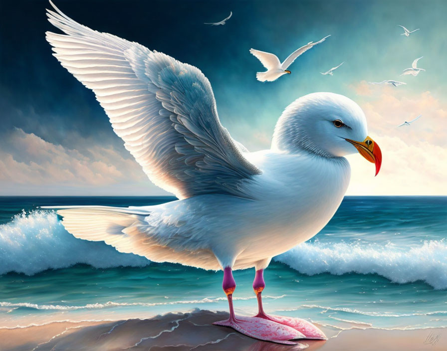 Detailed seagull illustration with wings spread on shore, waves crashing.