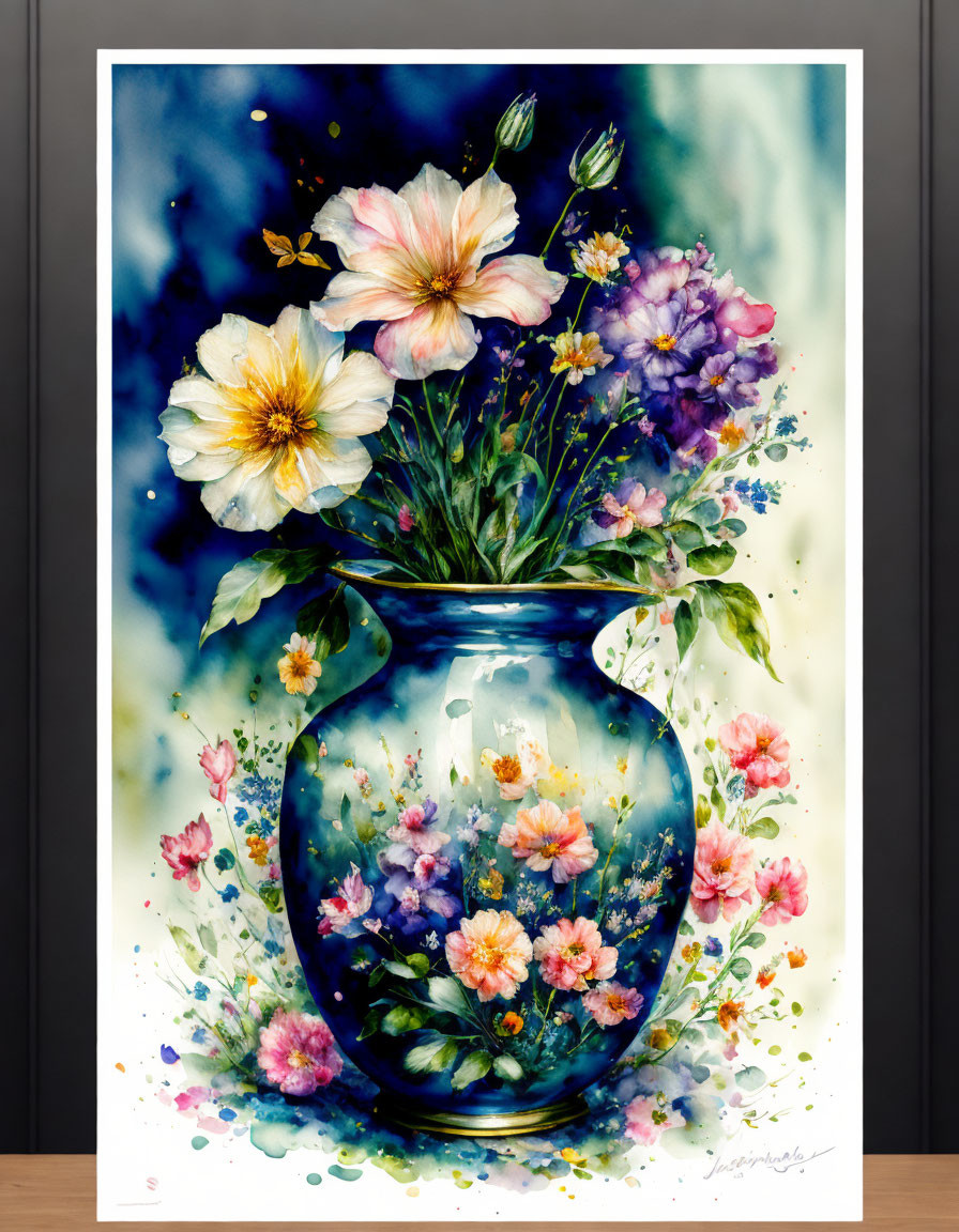 Colorful Flowers in Blue Vase Watercolor Painting