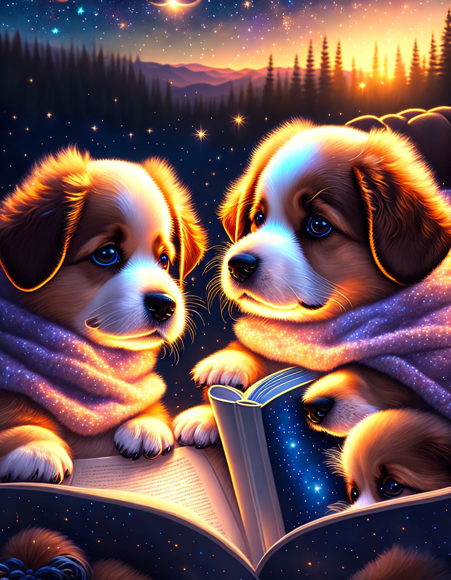 Cartoon puppies under starry sky with open book