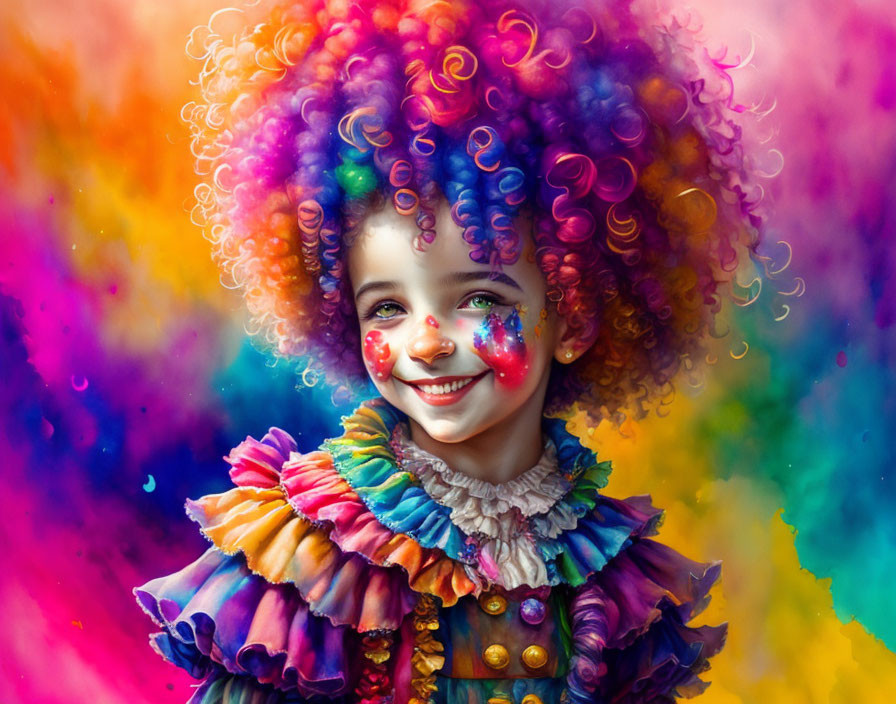 Colorful portrait of smiling child with rainbow hair and clown costume