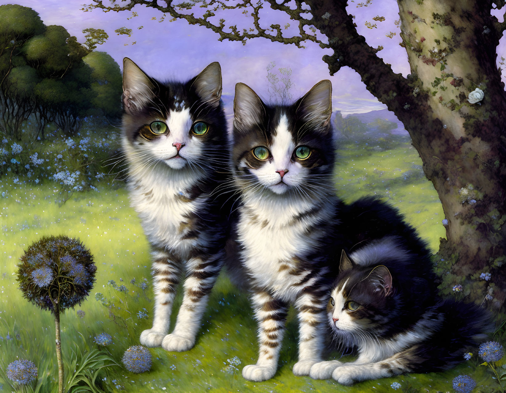 Three black and white cats with green eyes in blooming meadow.