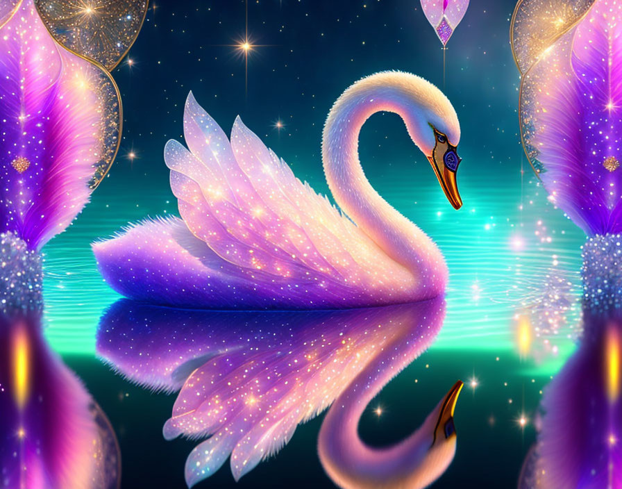 Swan with Glowing Purple Feathers Mirrored on Tranquil Water Surface