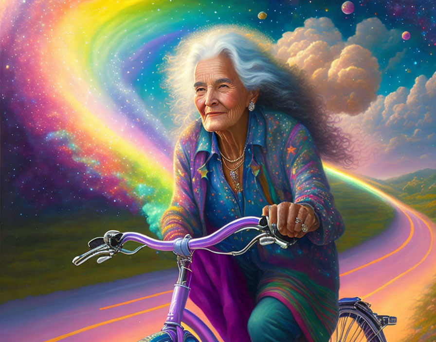 Elderly woman with white hair biking in cosmic landscape