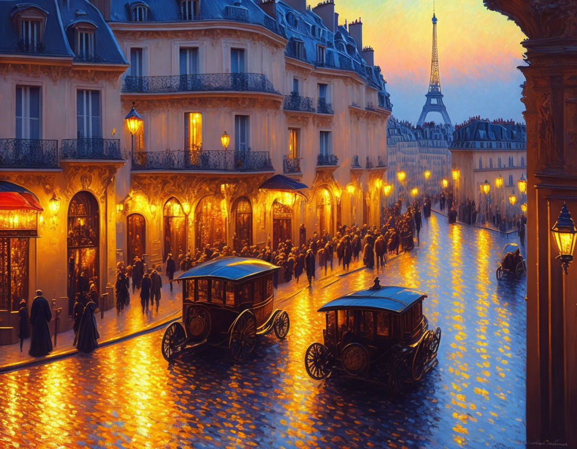 Vintage cars and pedestrians in Paris at sunset with Eiffel Tower in the backdrop