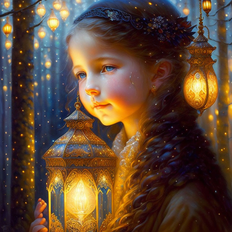 Young girl holding ornate lantern in shimmering lights & dark blue tones