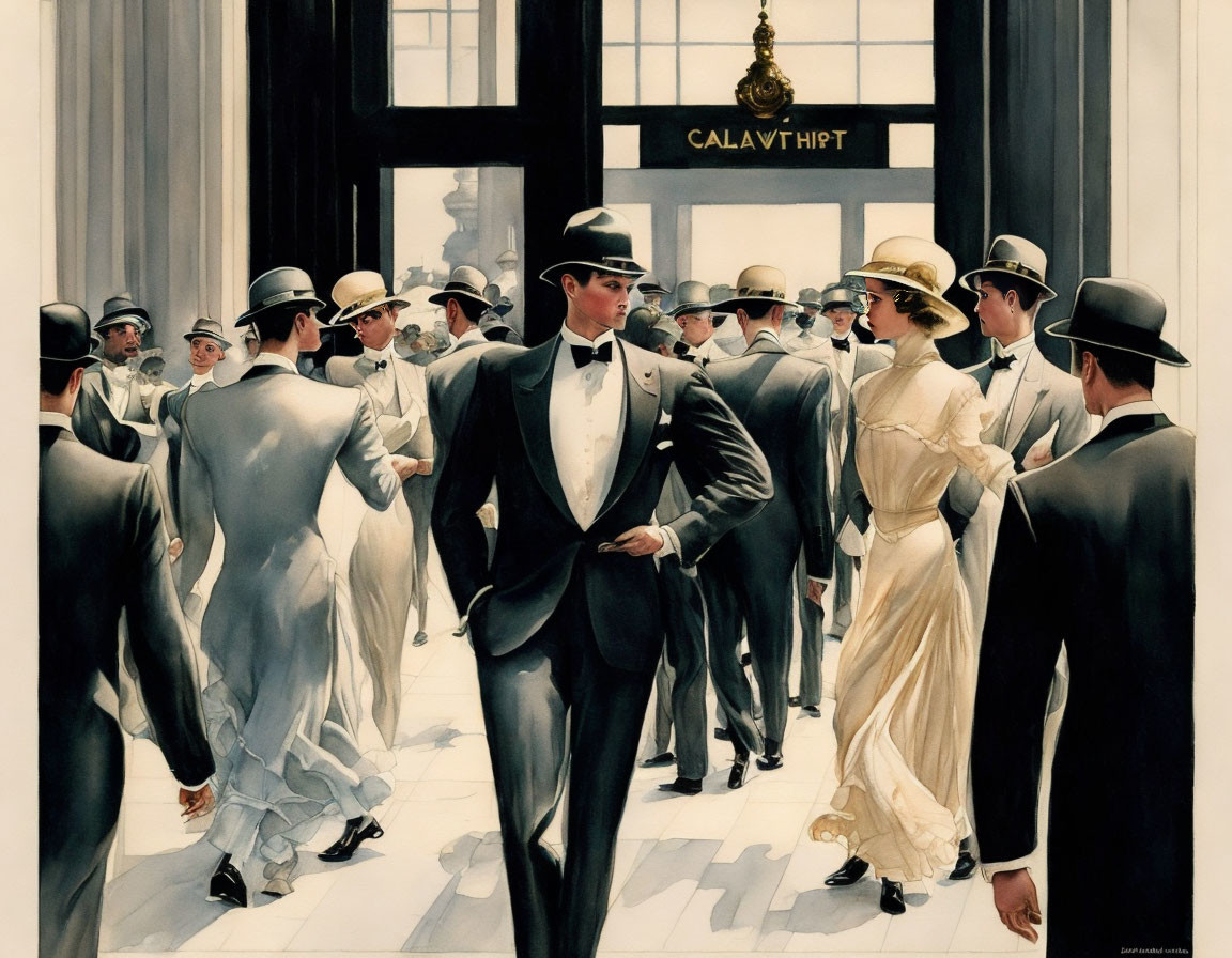 Early 20th-Century Crowd in Elegant Attire Entering Grand Building