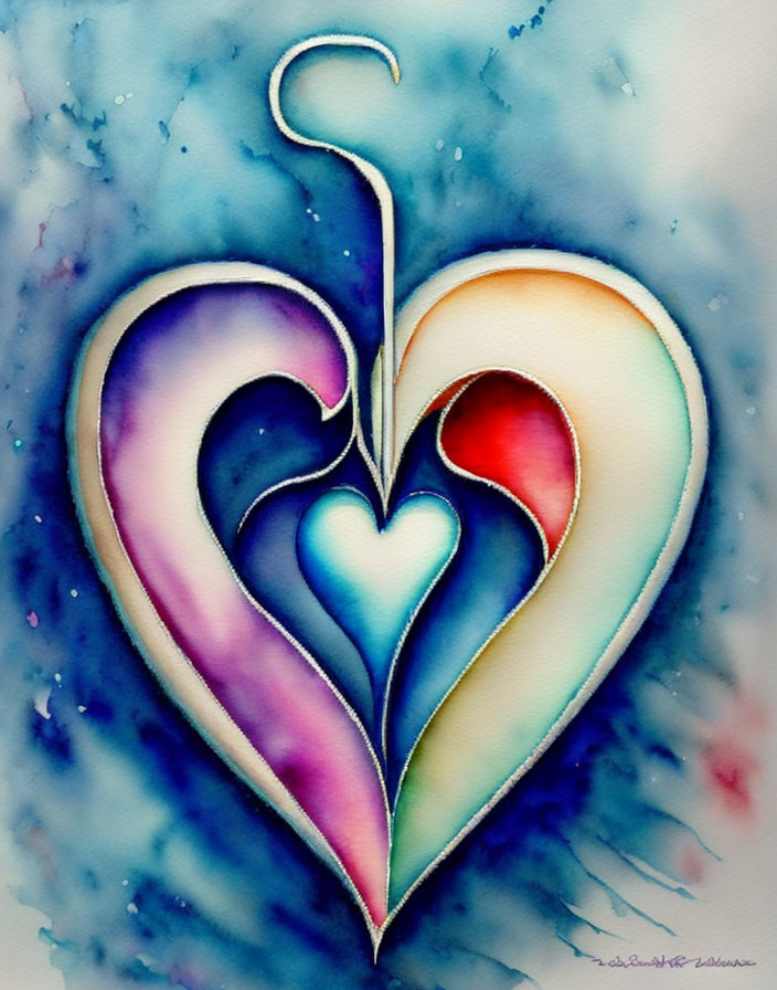 Abstract watercolor painting: Heart within heart, purple, blue, and red gradient on speckled