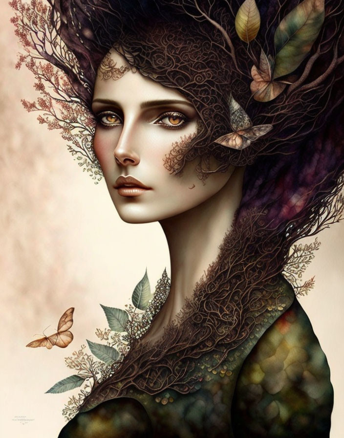 Woman with Nature-Inspired Elements: Branches, Leaves, Butterfly