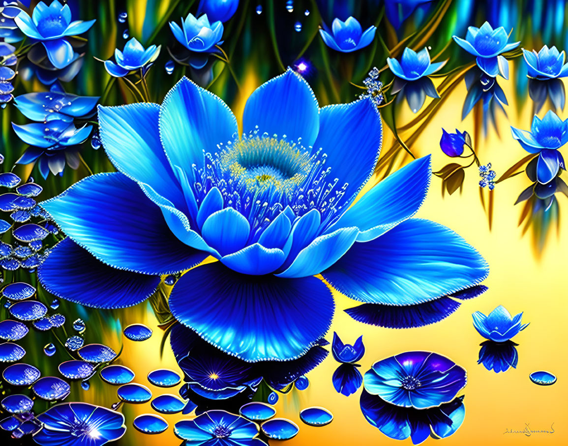 Detailed blue flowers and butterflies on blue and gold gradient with dewdrops