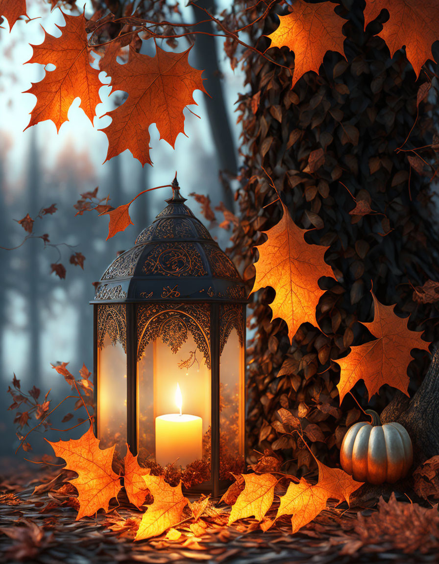 Ornate lantern with candle, autumn leaves, pumpkin in forest setting