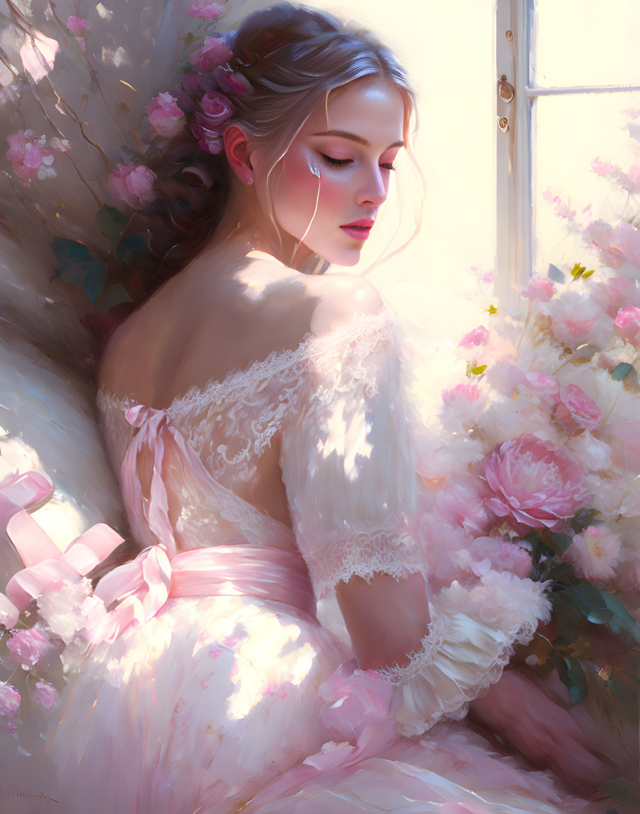 Graceful woman in pink dress by sunlit window with blooming flowers