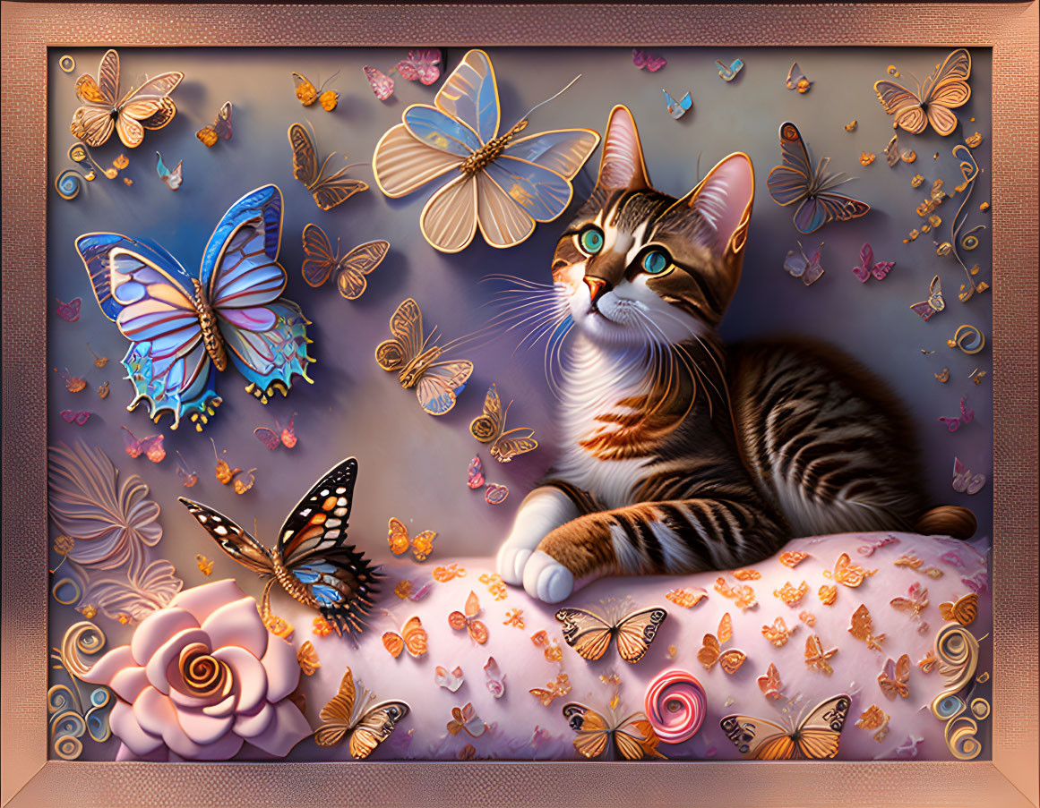 Colorful Tabby Cat and Butterflies in Floral Setting