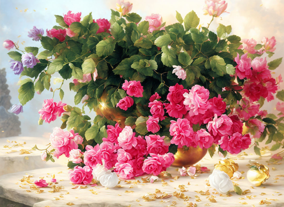 Pink and white roses in golden vase on marbled surface with soft light