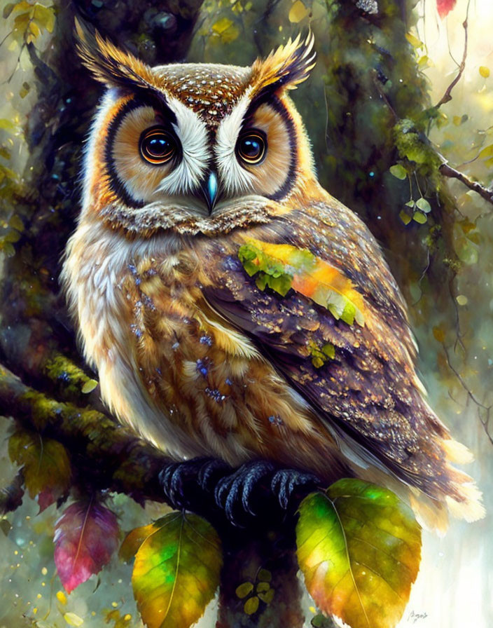 Colorful Owl Painting Perched on Branch with Foliage