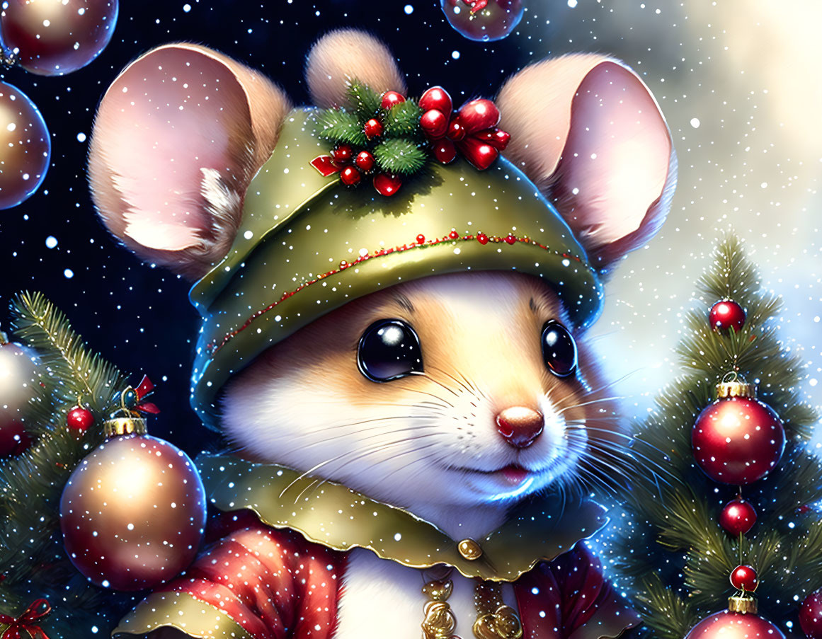 Festive mouse with Christmas hat and collar in pine branch setting