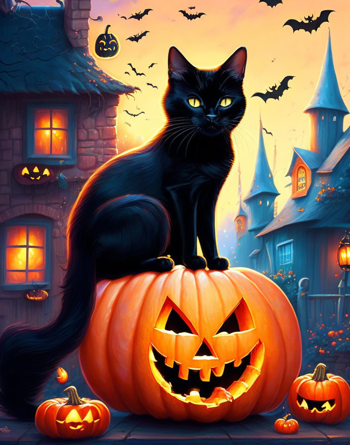 Black Cat on Carved Jack-o'-lantern in Halloween Scene