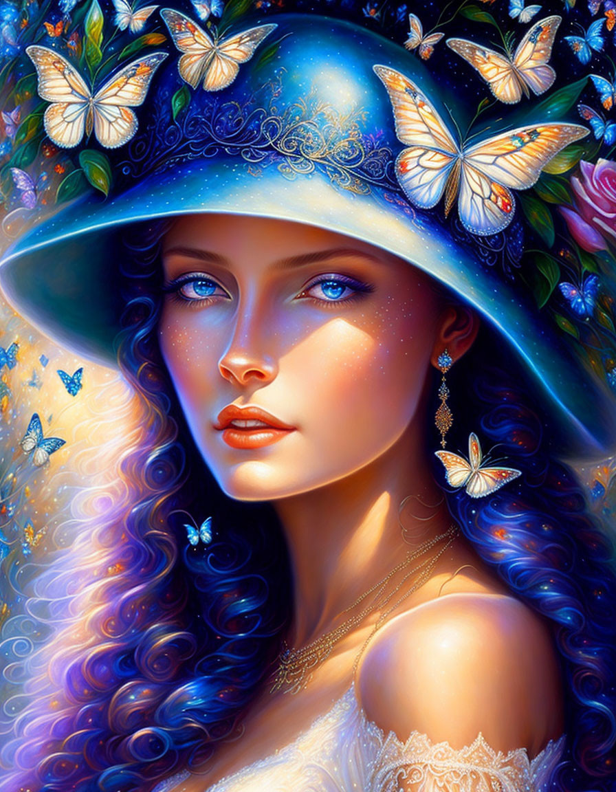 Colorful woman with blue eyes in butterfly hat and blue-tinted hair