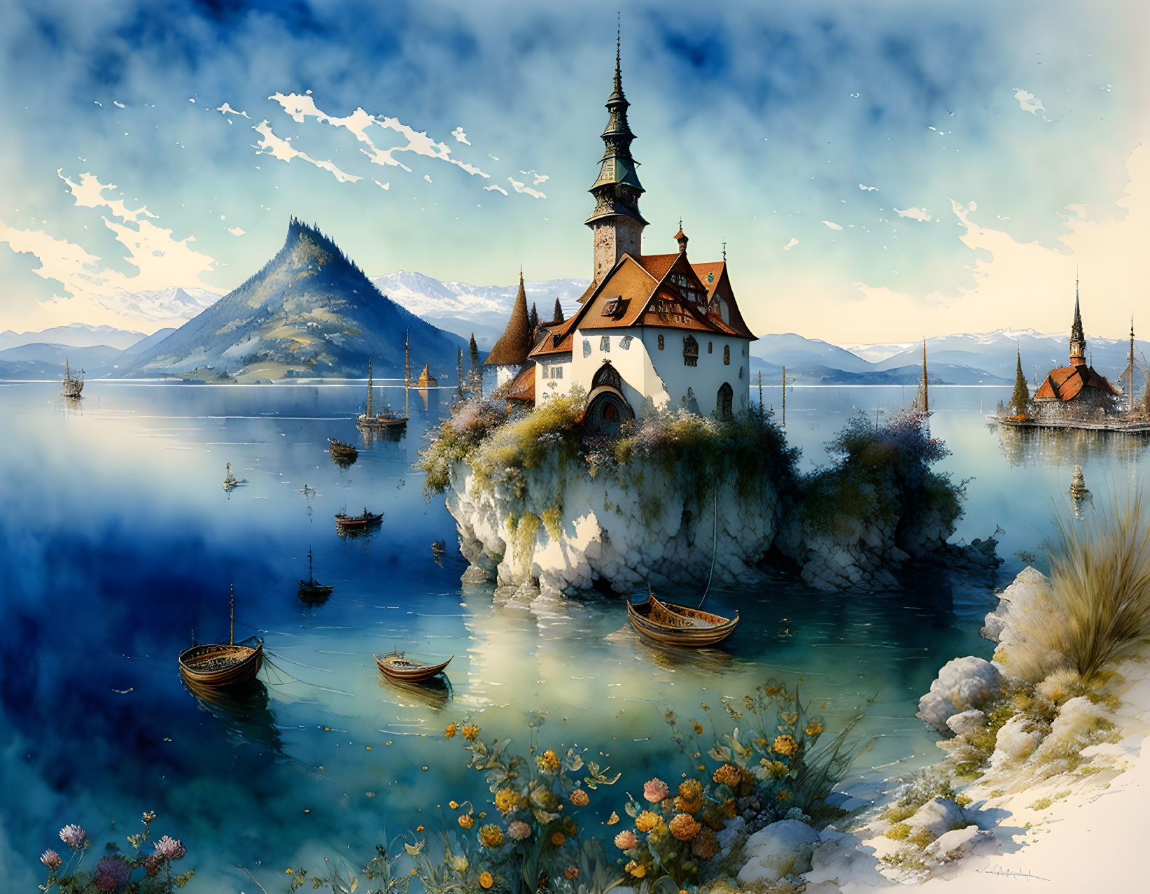 Fantasy landscape with castle on island, boats, mountains, cloudy sky