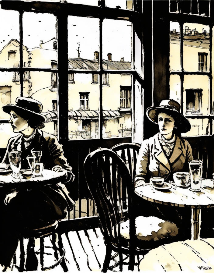 Elegantly dressed individuals at café with beverages, looking out large windows