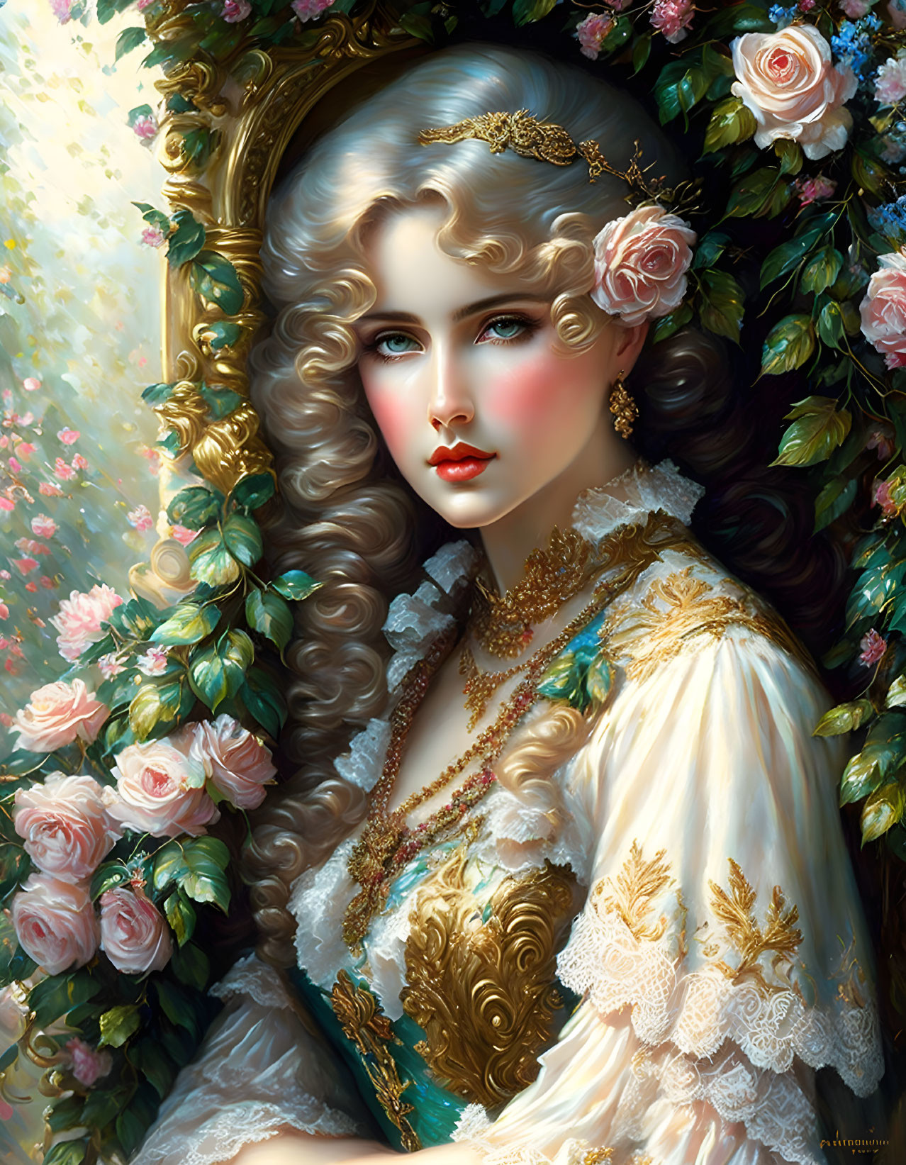 Portrait of Woman with Golden Curls and Gold Adornments Amid Pink Roses