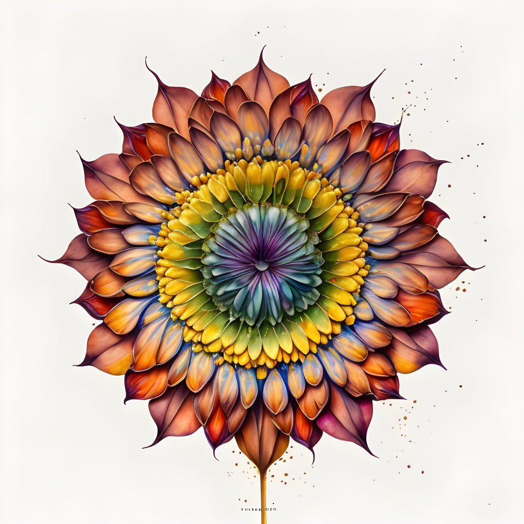 Detailed illustration of vibrant, multilayered flower in orange, yellow, purple hues