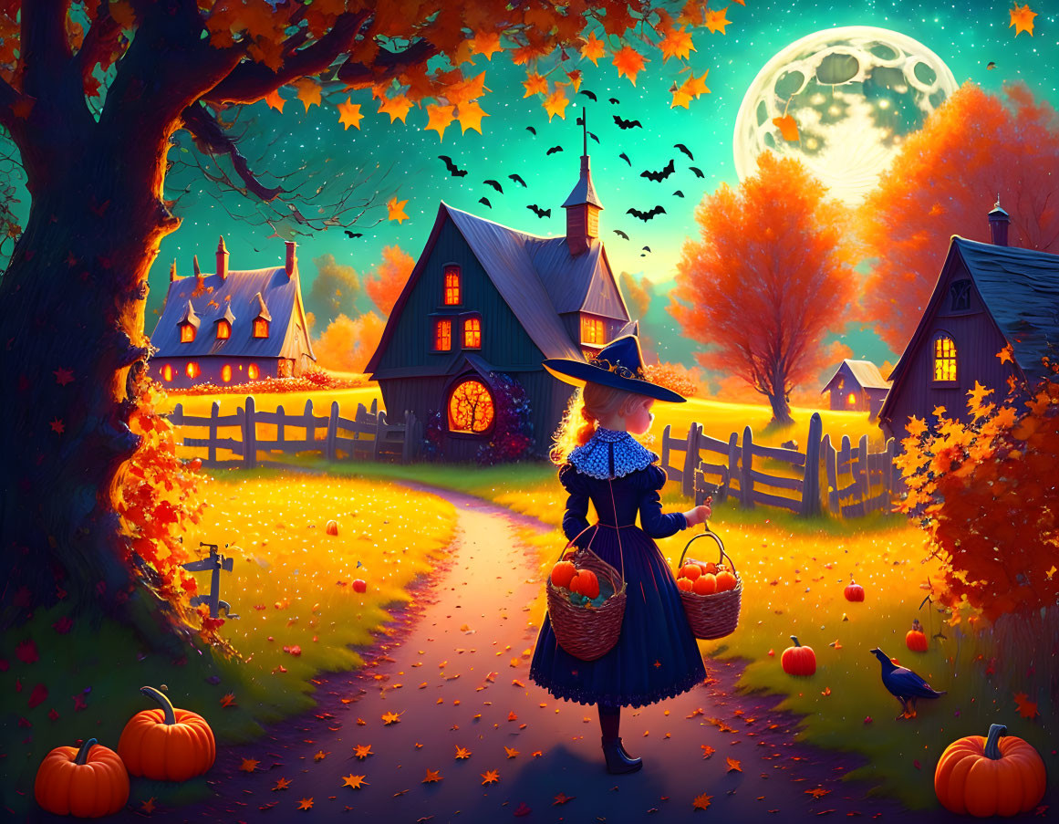 Whimsical autumn scene with witch, pumpkins, houses, bats, and moon