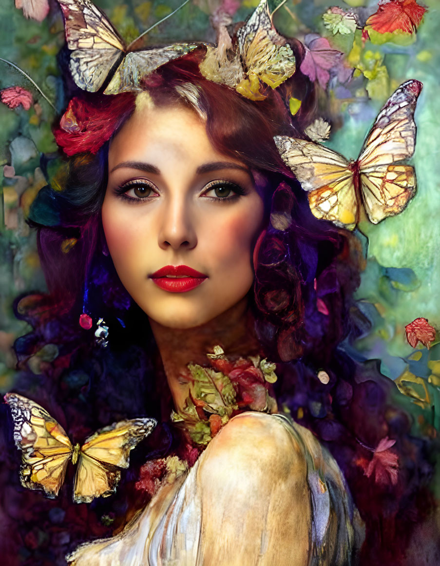 Woman with vivid makeup surrounded by butterflies and colorful foliage