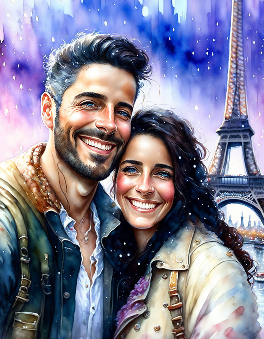 Smiling couple embracing at Eiffel Tower in snowy scene