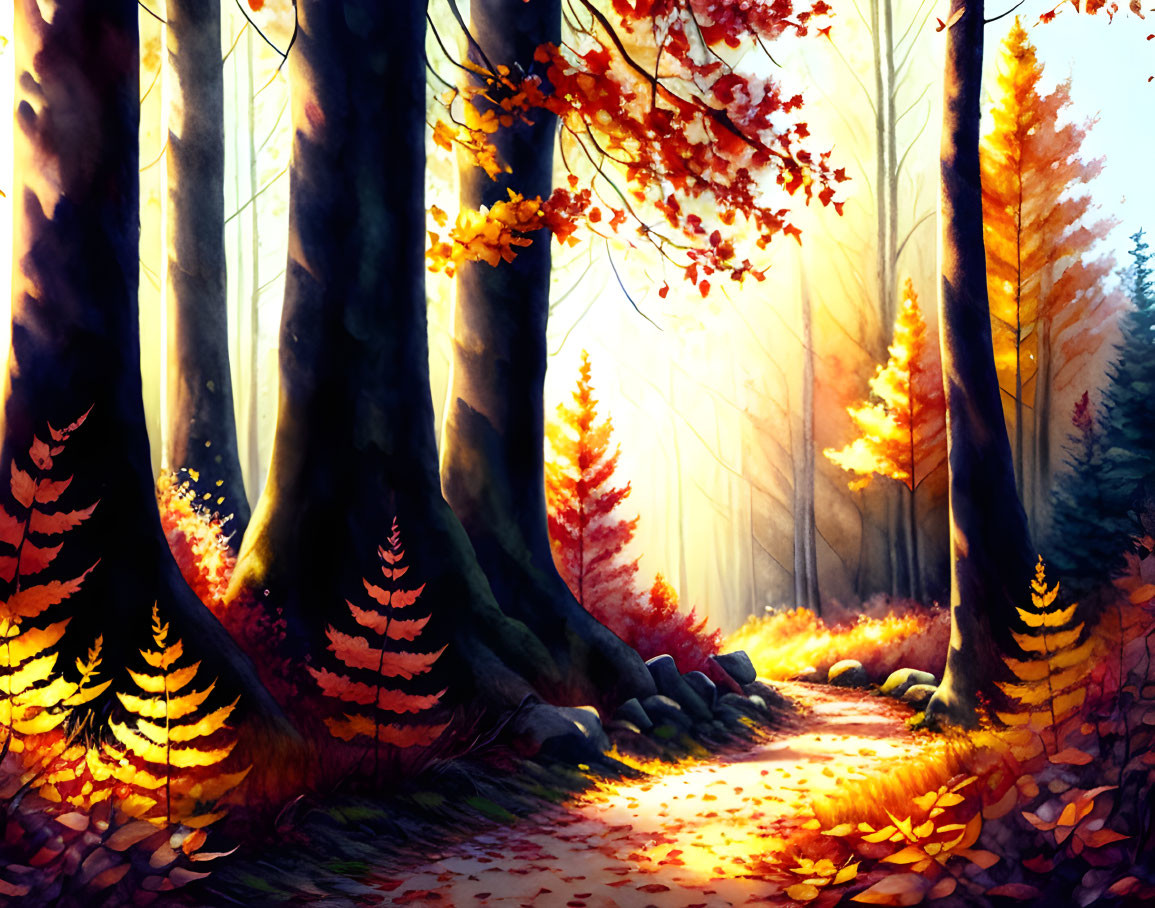 Colorful Autumn Forest with Sunlight Filtering Through Trees