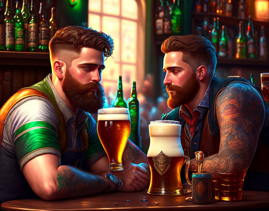 Bearded men arm-wrestling in a bar with pints of beer