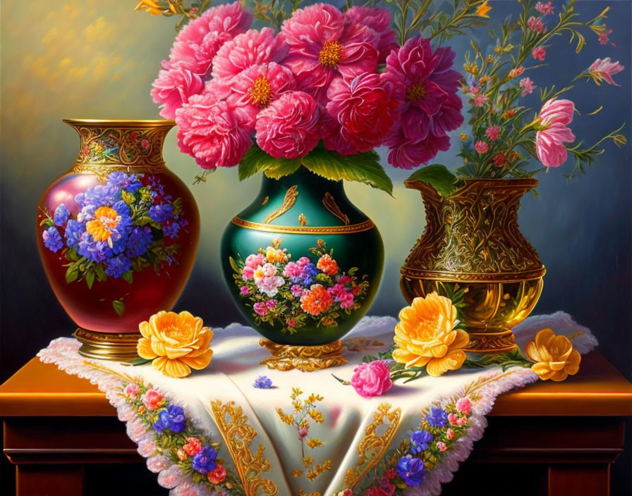 Colorful still life painting: ornate vases, flowers, draped table, dark backdrop