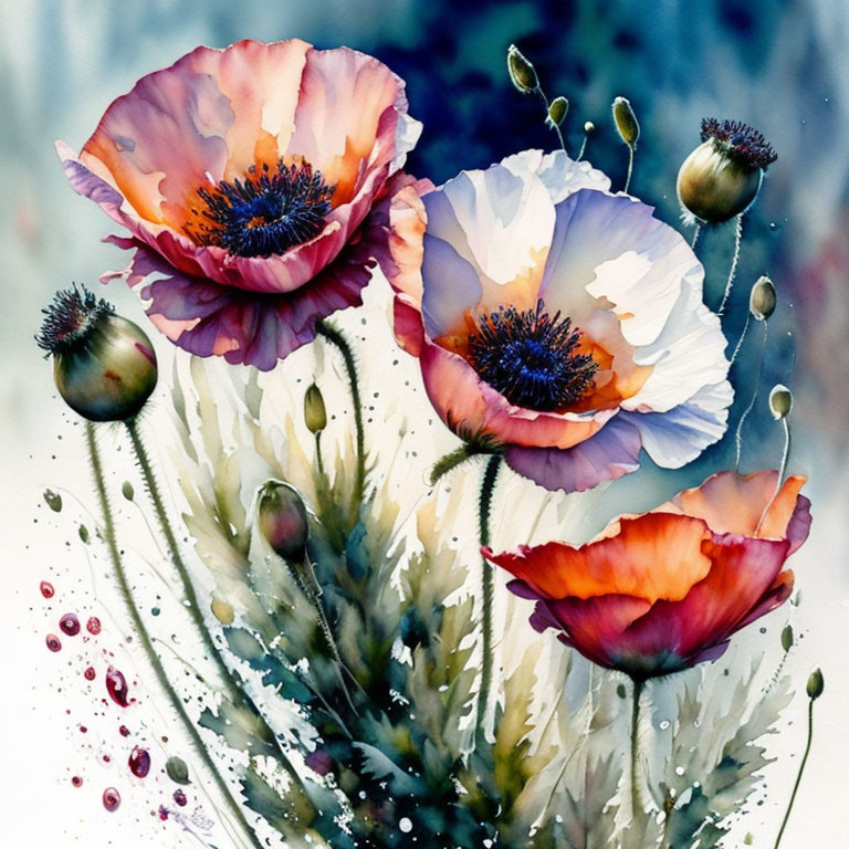 Delicate Pink and White Poppies Watercolor Painting