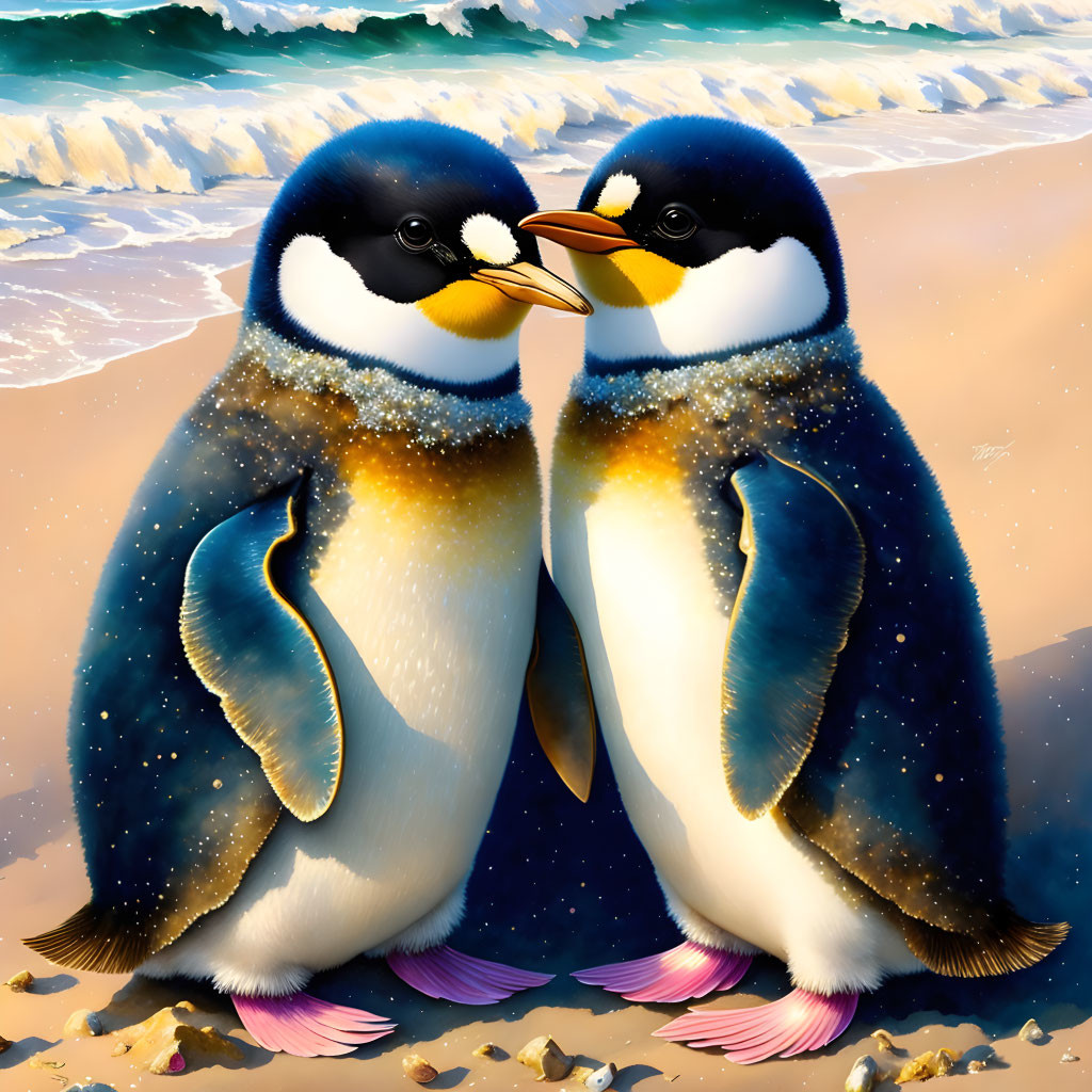 Illustrated penguins with starry space patterns on a beach.