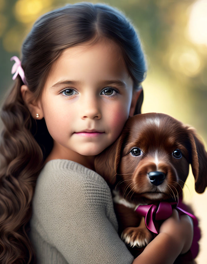 Young girl with wavy hair holding brown puppy with purple bow in natural setting