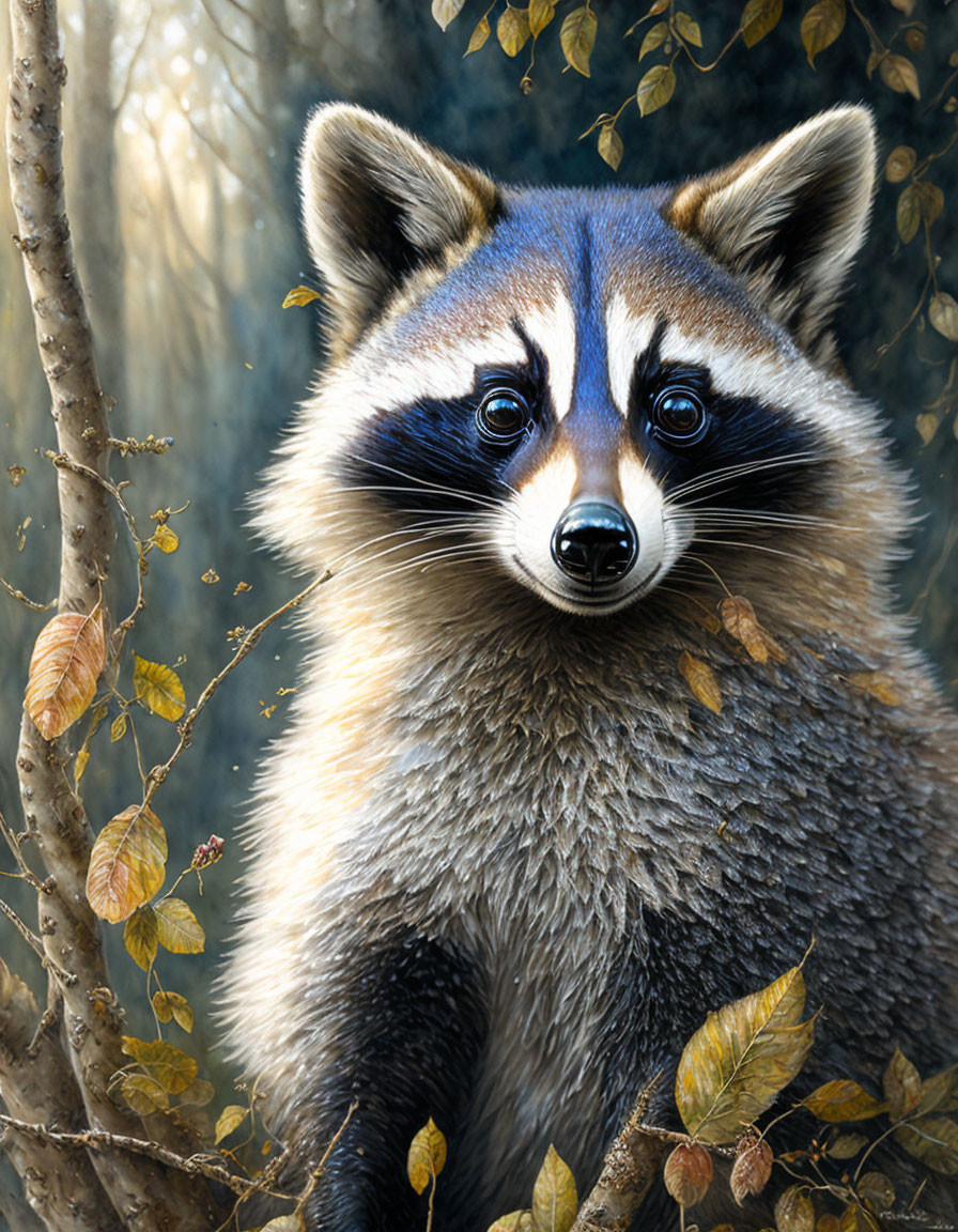 Detailed illustration of raccoon with blue eyes in nature.