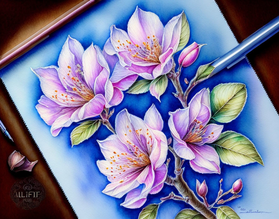 Realistic Colored Pencil Drawing of Purple Cherry Blossoms with Pencil