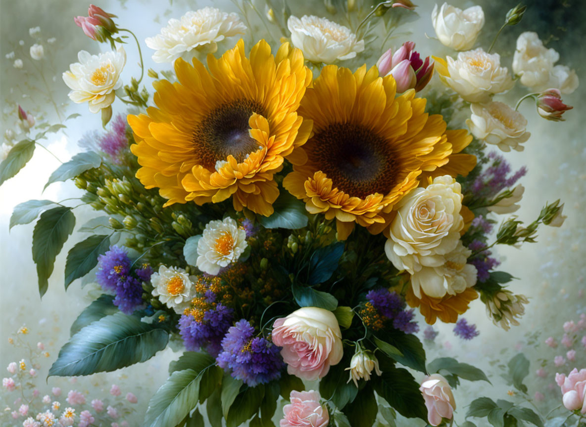 Colorful Sunflower and Rose Bouquet with Purple Accents on Soft Background