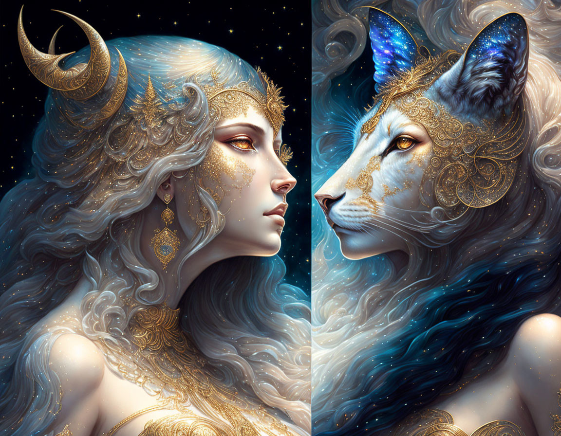 Split-image of woman and lynx with blue hair and gold ornaments, cosmic and mystical theme